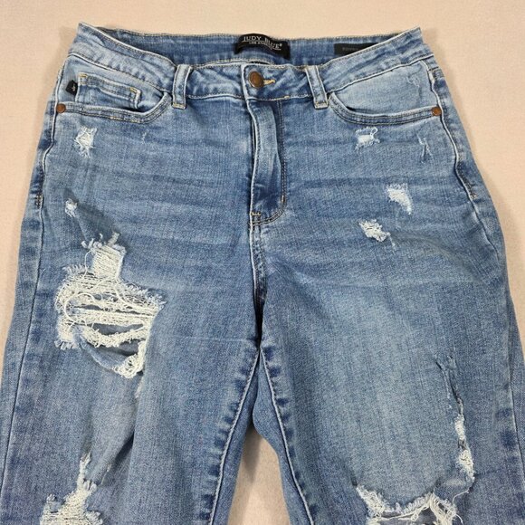 Judy Blue Jeans Womens 7/28 Blue Denim Boyfriend Fit Distressed Stretch Mid - Picture 2 of 16